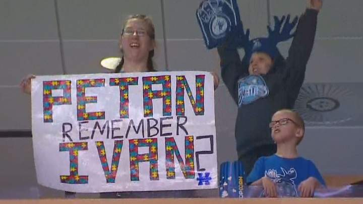 The family was featured on the Jumbotron at the Manitoba Moose game.