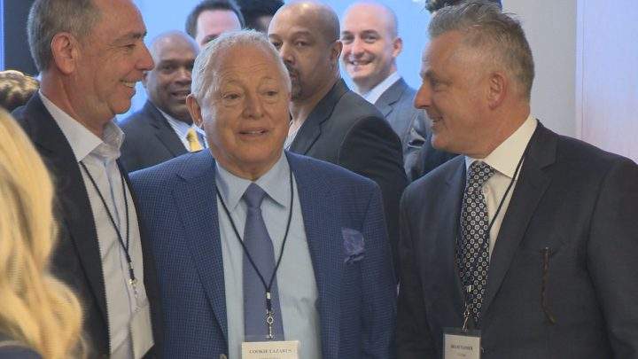 Morden “Cookie” Lazarus (centre) was honoured at the 14th annual Sports Celebrity Breakfast on Sunday, March 25, 2018.