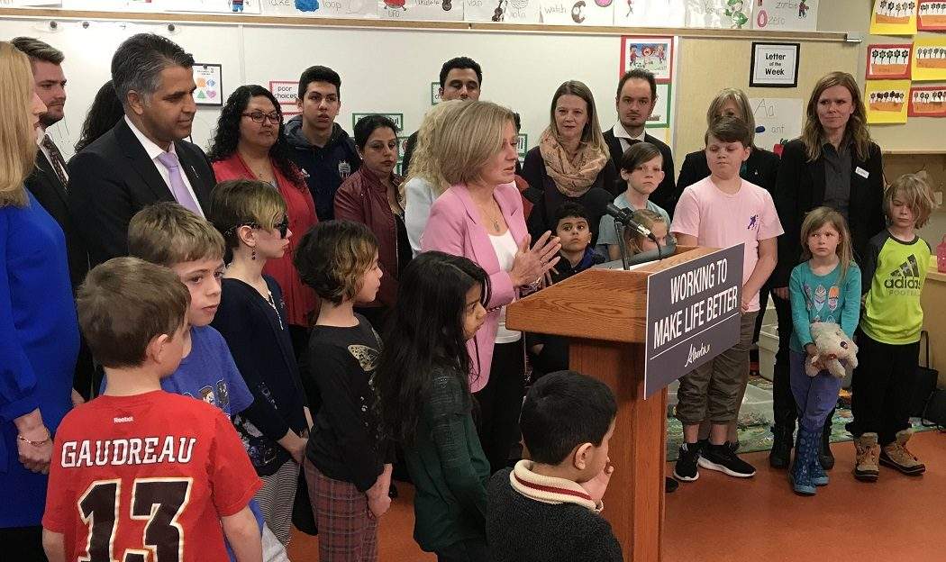 Alberta Premier Rachel Notley announced three new schools for Calgary, and design funding for two others at a N.E. school Mar 23, 2018.