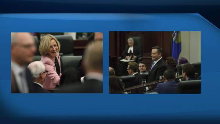 Rachel Notley photo from March 8, 2018 (left) and Jason Kenney photo from March 8, 2018 (right).