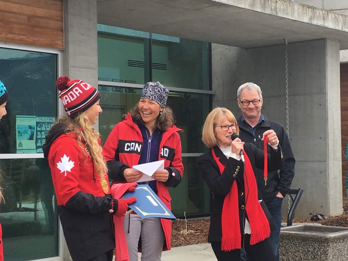 Natalie Wilkie, left, received a symbolic key to the city in Salmon Arm on Friday.