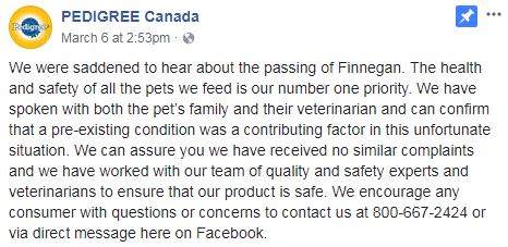 Facebook statement from Pedigree Canada.