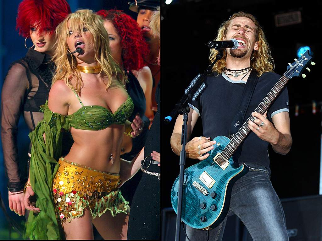 Britney Spears onstage (L) and Nickelback performing in 2002.
