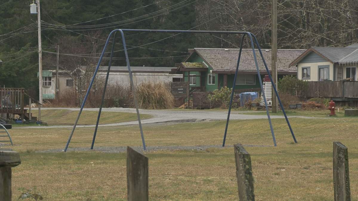 Swing set sits empty on Huu-ay-aht First Nation near Bamfield, British Columbia. 