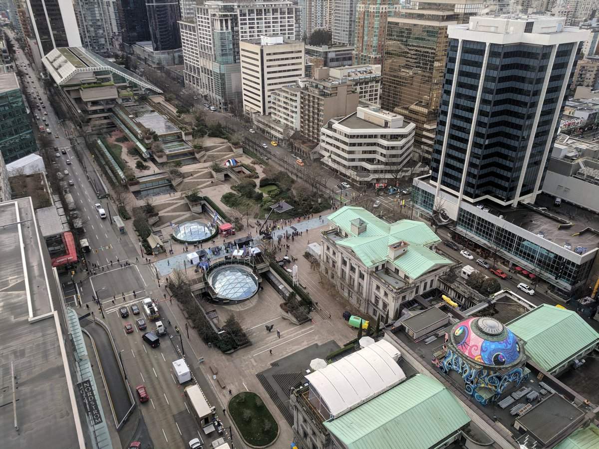 A film crew set up on location at Vancouver's Robson Square.