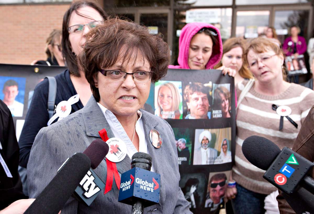 Sheri Arsenault mother of Bradley Arsenault, 18, killed in a drunk driving accident speaks to media after the trial of Jonathan Pratt in Wetaskiwin, Alberta on Monday May 15, 2014. Pratt was charged with manslaughter and drunk driving charges in a 2011 crash that killed three young men near Beaumont, Alberta. THE CANADIAN PRESS/Jason Franson