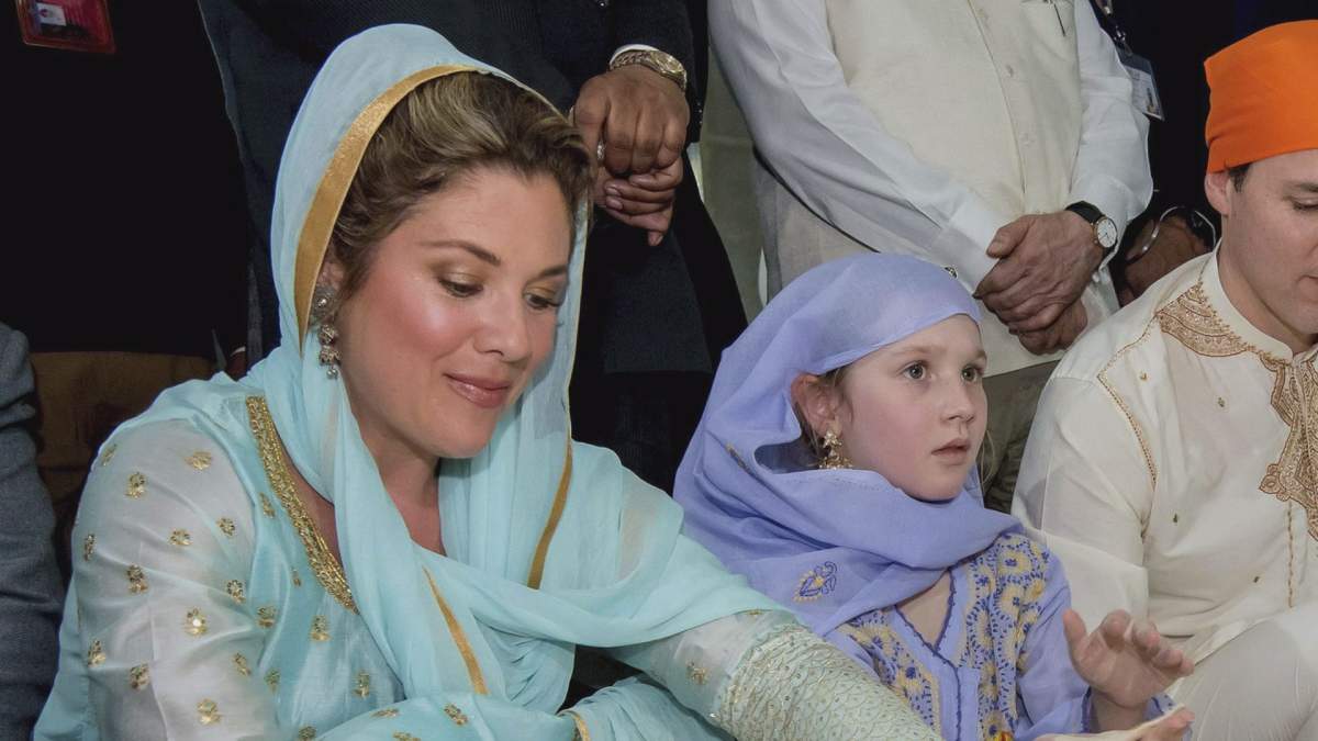 Sophie Gregoire Trudeau wears a pair of earrings designed by Kim Smiley during a visit to the Golden Temple.