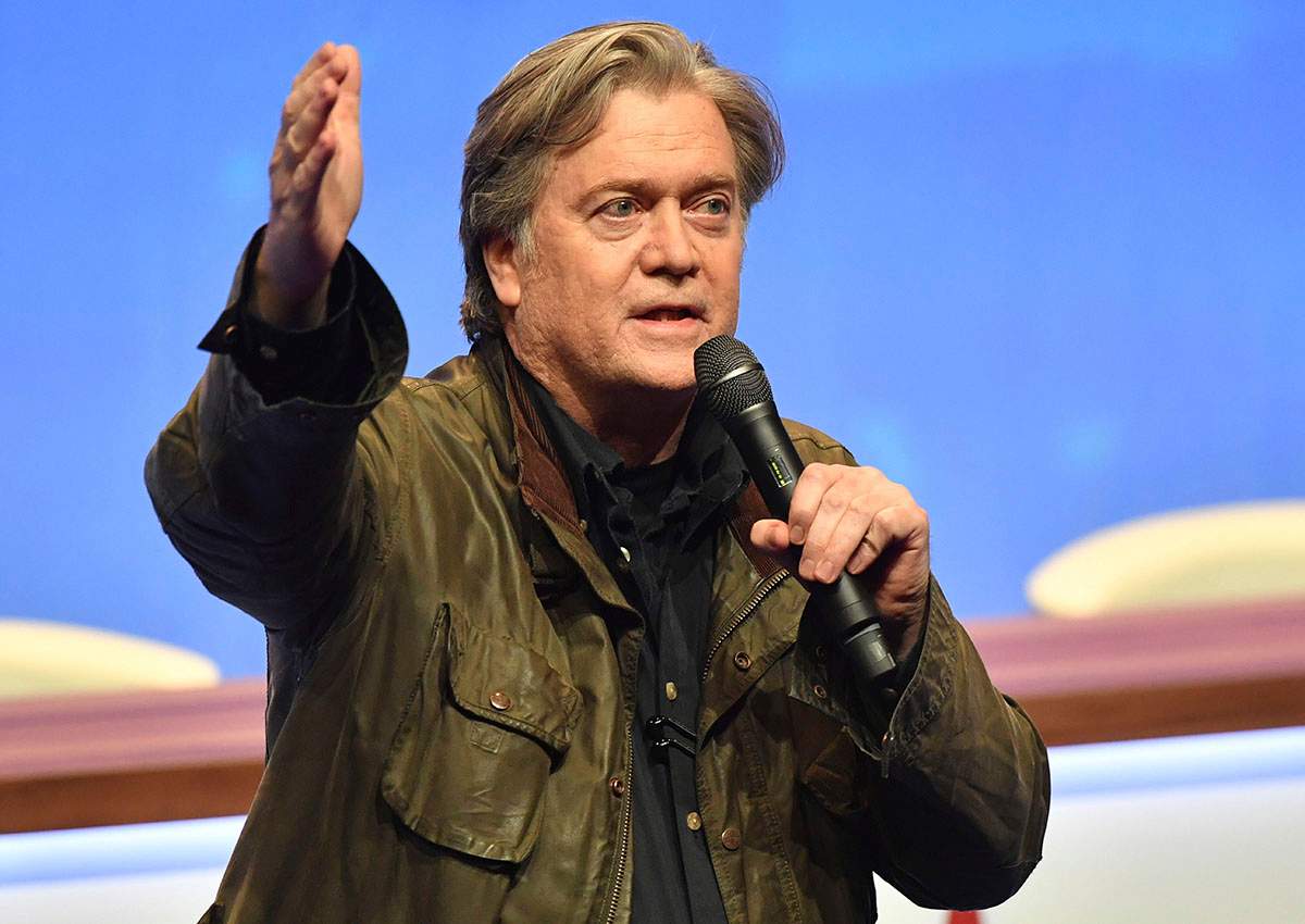 Steve Bannon addresses members of the far right National Front party at the party congress in the northern French city of Lille, Saturday, March 10, 2018. 