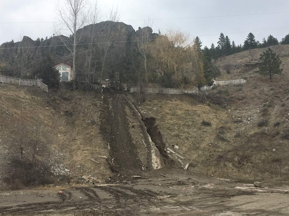 The lower portion of the landslide.