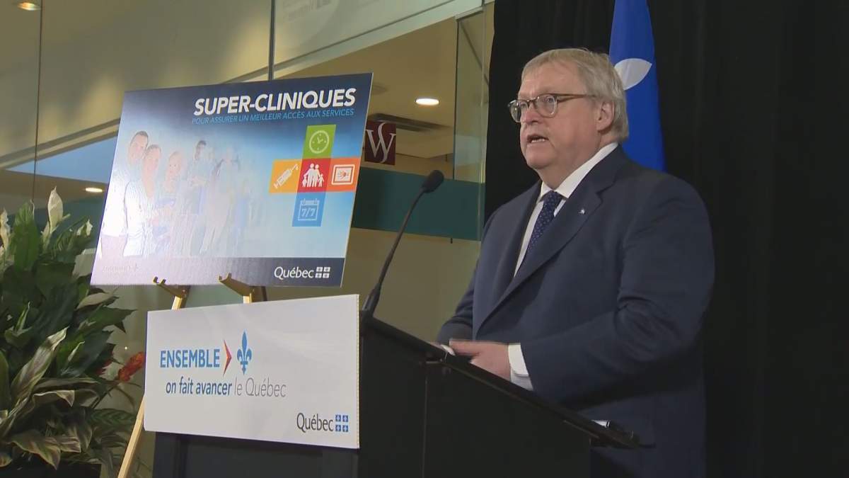 Quebec Health Minister Gaétan Barrette announces a new super clinic in Westmount Square on March 6.