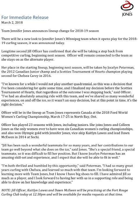 A press release issued March 2, 2018 announcing changes to Team Jennifer Jones.