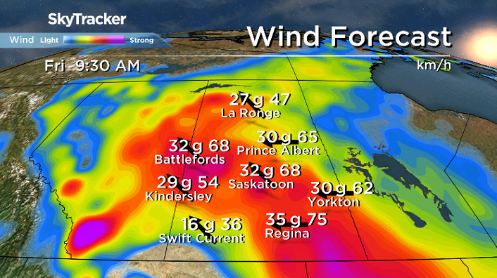 Wind gusts of 60 to 70 km/h are possible in the Saskatoon area as heavy snow moves in on Friday.