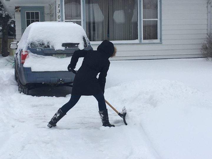 Angela Trefiak shovels a double-wide driveway.