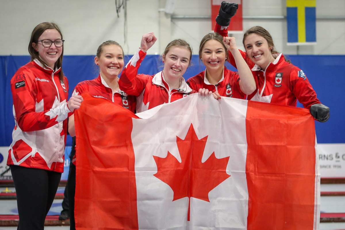 Team Canada celebrates after winning the gold medal at the 2018 World Junior Championships in Aberdeen, Scotland. Left to right: alternate Lauren Lenentine, lead Lindsey Burgess, second Karlee Burgess, third Kristin Clarke, skip Kaitlyn Jones.