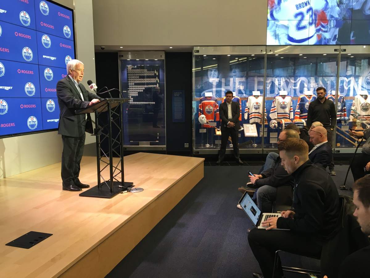 Oilers Entertainment Group CEO Bob Nicholson speaks to media on April 12, 2018.
