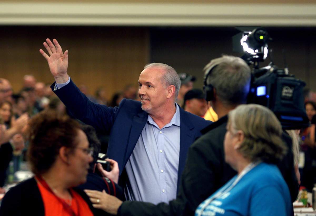 BC NDP leader John Horgan arrives to speak to CUPE members and delegates during a campaign stop at the Victoria Convention Centre in Victoria, B.C., on Friday, April 28, 2017.