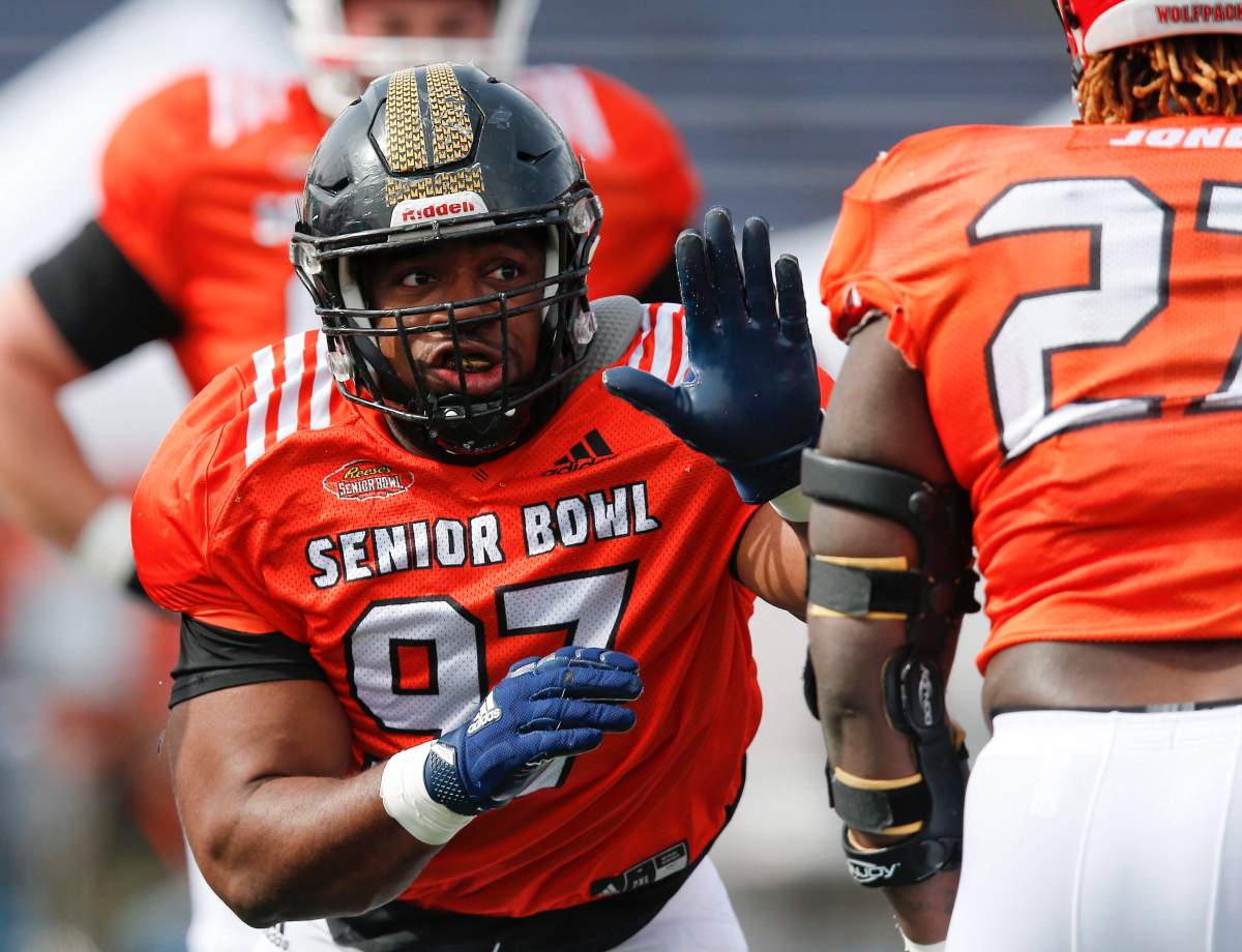 North Squad defensive tackle Nathan Shepherd, of Fort Hays State, runs drills during the North team's practice for Saturday's Senior Bowl NCAA college football game in Mobile, Ala., Wednesday, Jan. 24, 2018.