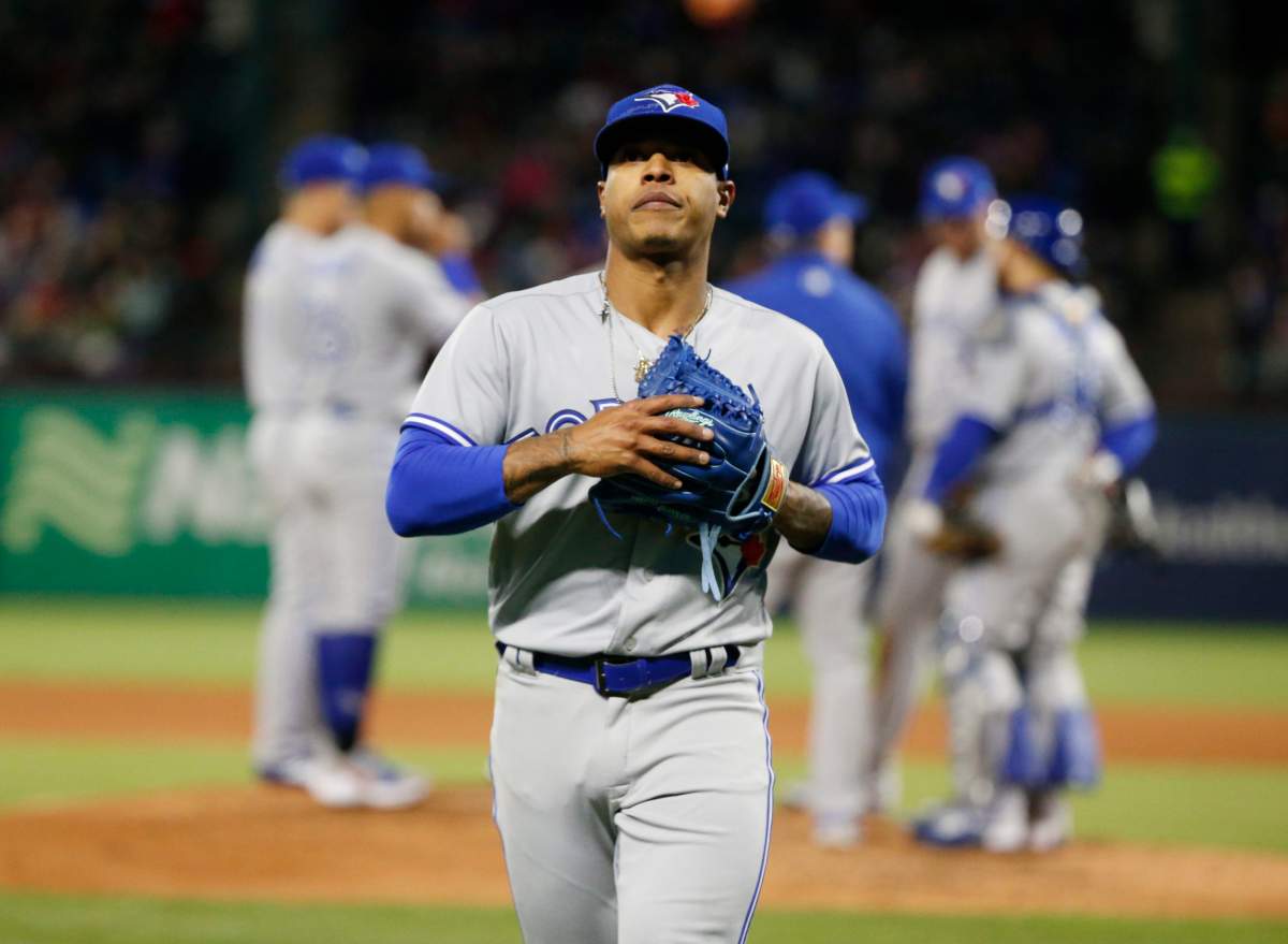 Toronto Blue Jays starting pitcher Marcus Stroman (6) is pulled from the baseball game against the Texas Rangers during the fifth inning Saturday, April 7, 2018, in Arlington, Texas.