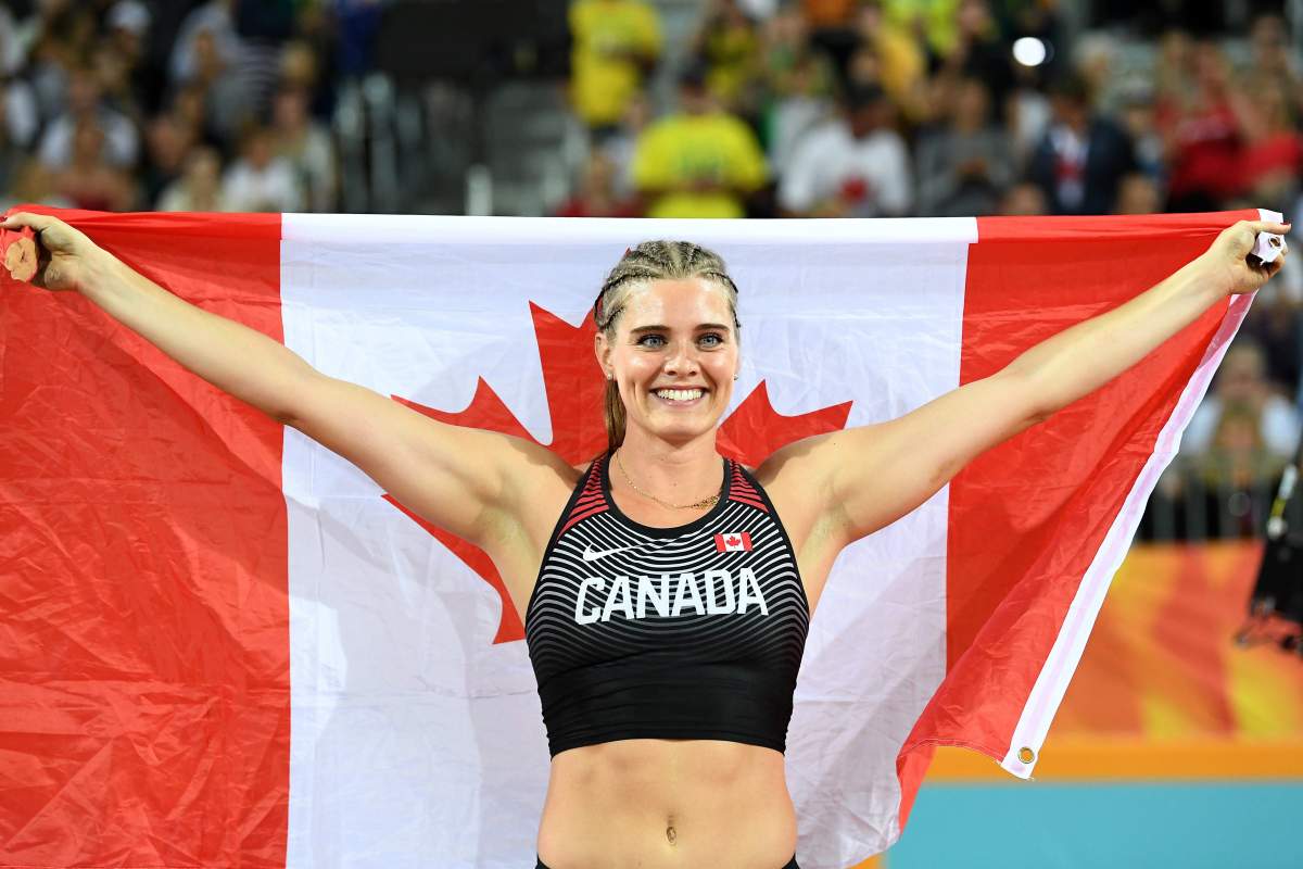 Gold medalist Alysha Newman of Canada celebrates after the Women’s Pole Vault Final of the XXI Commonwealth Games at Carrara Stadium on the Gold Coast, Australia, 13 April 2018. EPA/DEAN LEWINS AUSTRALIA AND NEW ZEALAND OUT