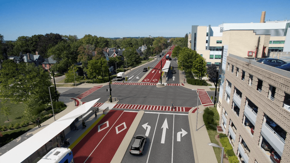 A rendering of the bus rapid transit system on Richmond Street at Grosvenor Street. The rendering may not be final.