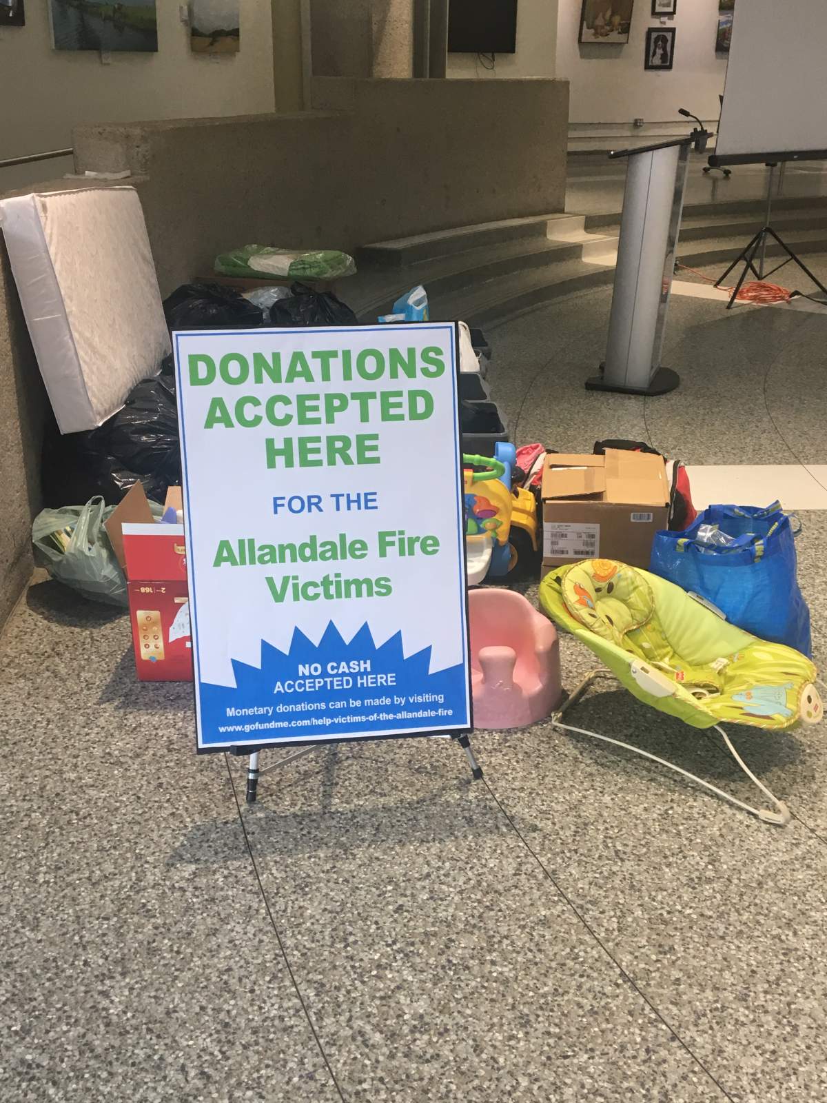 Donations of bedding, clothing, pet supplies and hygiene products being collected at Barrie City Hall for those affected by a devastating apartment fire.