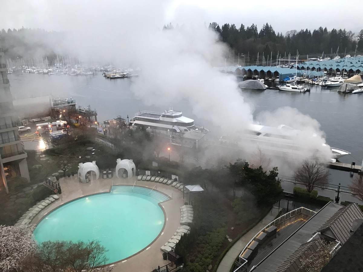 Lots of smoke seen rising from the boat.