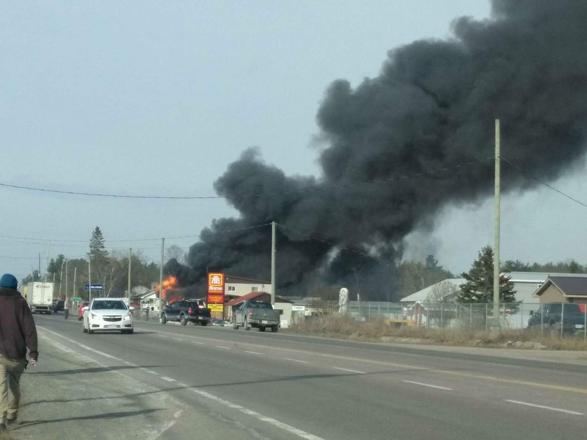 A section of Highway 7 in Marmora was closed following a fire at Bonter Marine. (Cindy Maxwell photo)