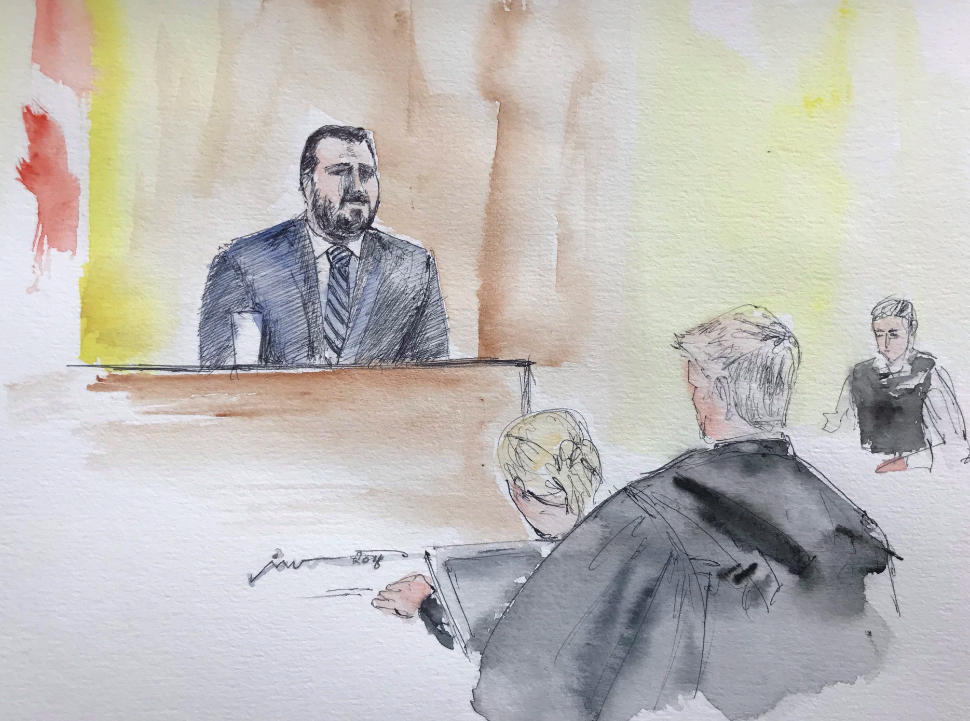 In this artist's sketch, Nicholas Butcher, testifies in a Halifax courtroom on Thursday, April 19, 2018. Nicholas Butcher has taken the stand in his own defence at his second-degree murder trial in the death of Halifax yoga instructor Kristin Johnston.