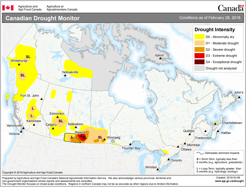 Below normal precipitation and lingering soil moisture deficits caused severe drought and extreme drought conditions to continue across southern Saskatchewan throughout February.