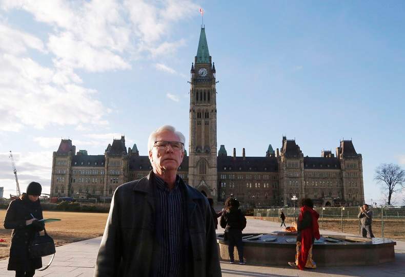 Minister of Natural Resources Jim Carr leaves Parliament Hill after speaking about the recent status of the Kinder Morgan pipeline expansion in Ottawa on Sunday, April 8, 2018. 