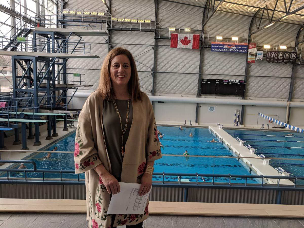 Tourism London’s Cheryl Finn during Friday’s announcement at the Canada Games Aquatic Centre.