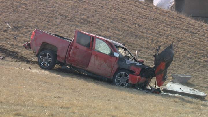 Traffic restrictions were in place on Circle Drive South after a pickup truck left the road and burst into flames.