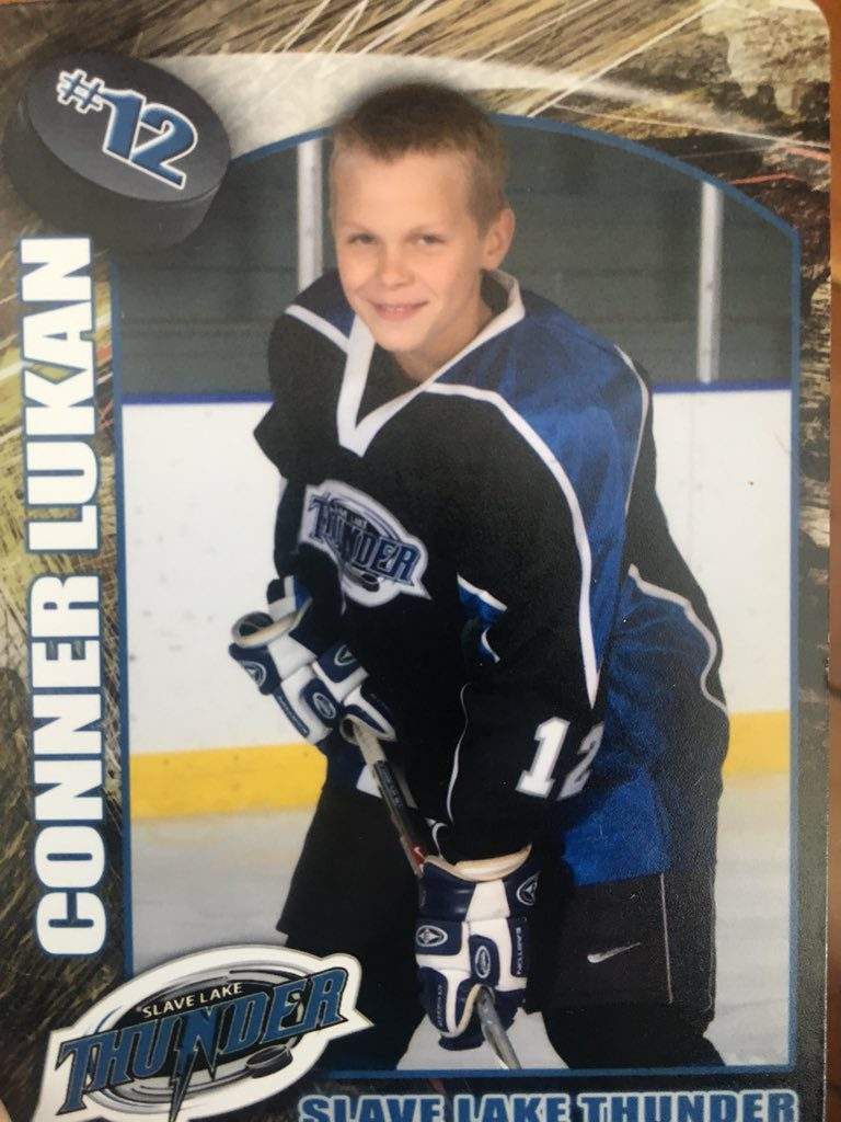 A childhood hockey card featuring Conner Lukan from Slave Lake, Alta.