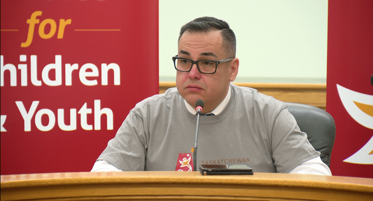 Saskatchewan's children advocate Corey O'Soup presents his annual report on April 24, 2018.