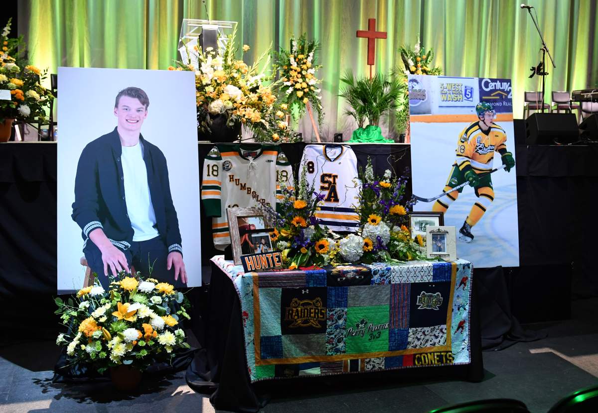 A memorial for Logan Hunter, one of the four Edmonton-area Humboldt Broncos players honoured in a public celebration of the lives at Rogers Place on Tuesday, April 17, 2018.