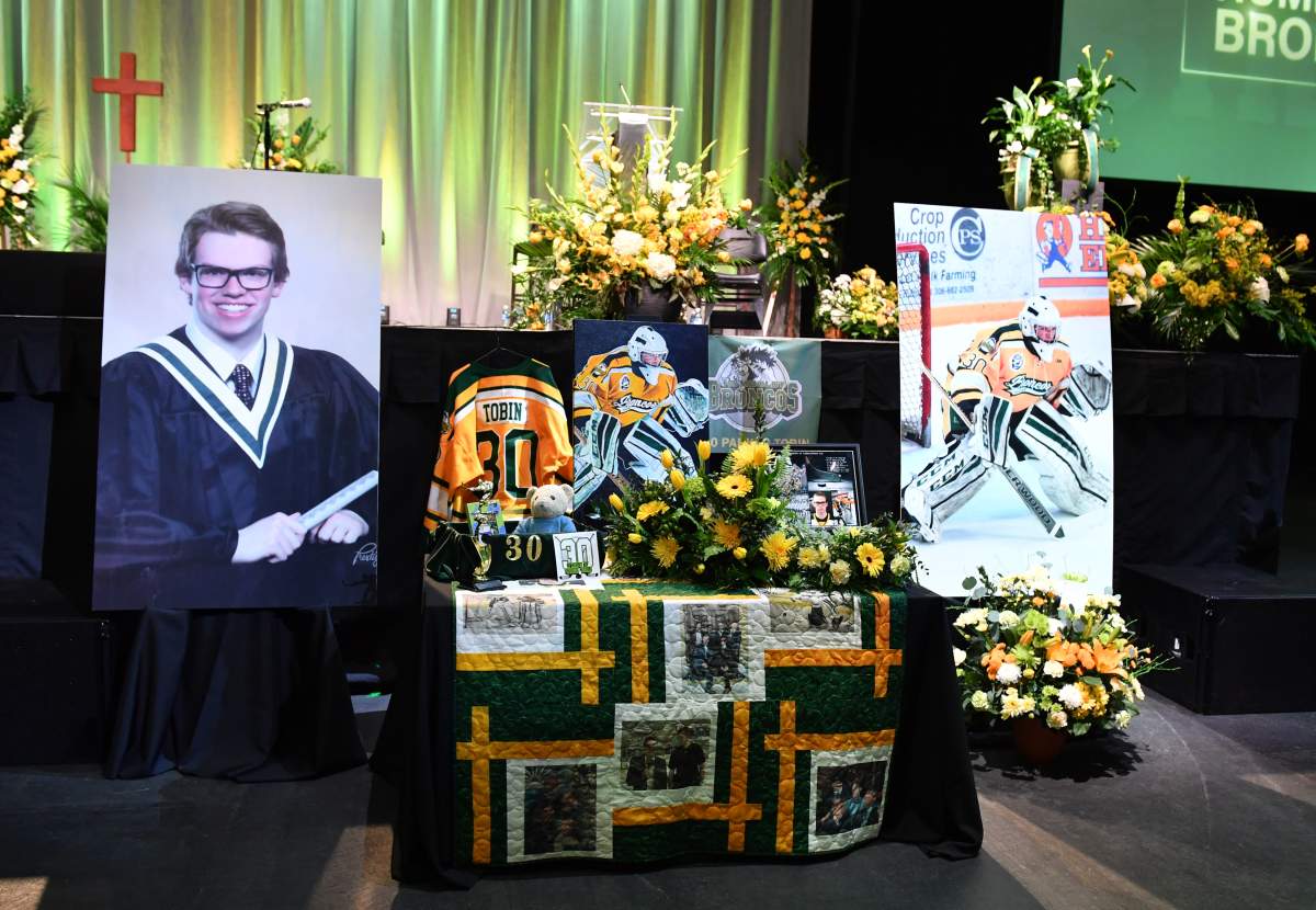 A memorial for Parker Tobin, one of the four Edmonton-area Humboldt Broncos players honoured in a public celebration of the lives at Rogers Place on Tuesday, April 17, 2018.