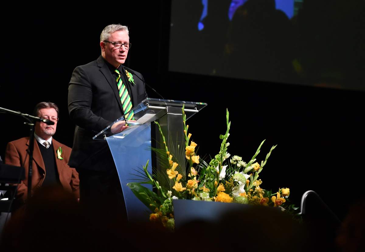 Humbolt Broncos president Kevin Garinger speaks at a memorial for 18-year old Parker Tobin, 20-year-old Jaxon Joseph,18-year-old Logan Hunter and 21-year-old Stephen Wack, in Edmonton on Tuesday, April 17, 2018.
