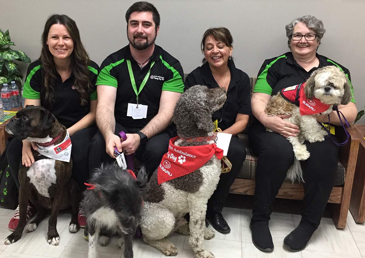 Dr. Colleen Dell and Subie; Justin Morrison and Jet; Wendy Stoeber and Womble; Stephanie Peachey and Dude.
