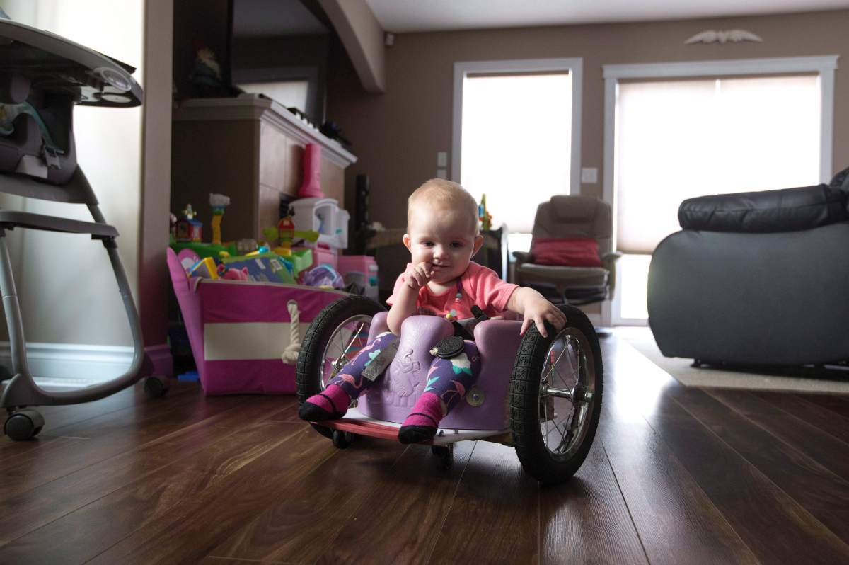 One-year-old Eva Moore gets around her home in Edmonton Alta, on Tuesday August 9, 2016.
