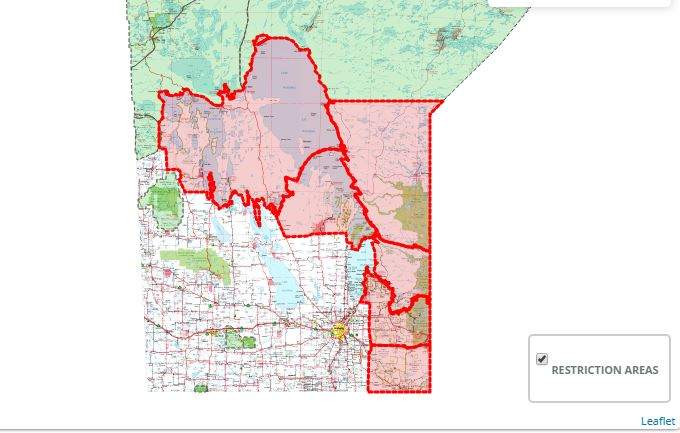 Areas marked in red show where fire restrictions are currently in place in Manitoba.