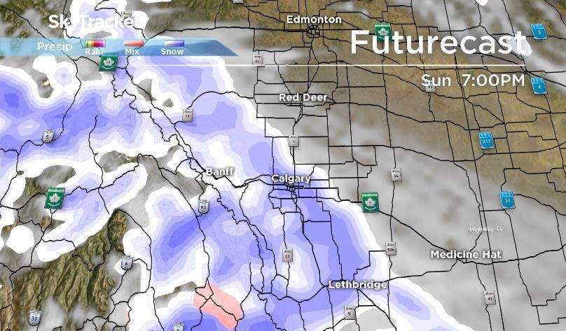 The heaviest snow is expected to fall  Sunday night and overnight into Monday in southwestern Alberta.