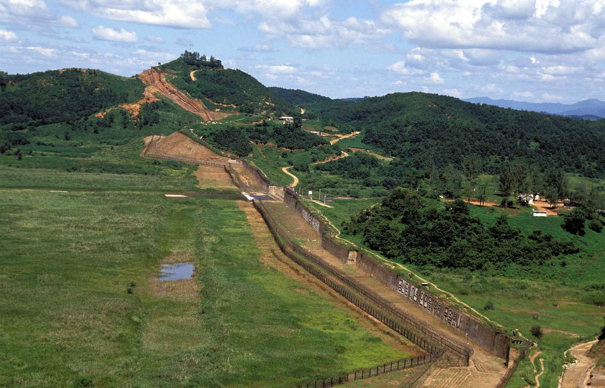 DMZ line at demilitarized zone between South And North Korea.