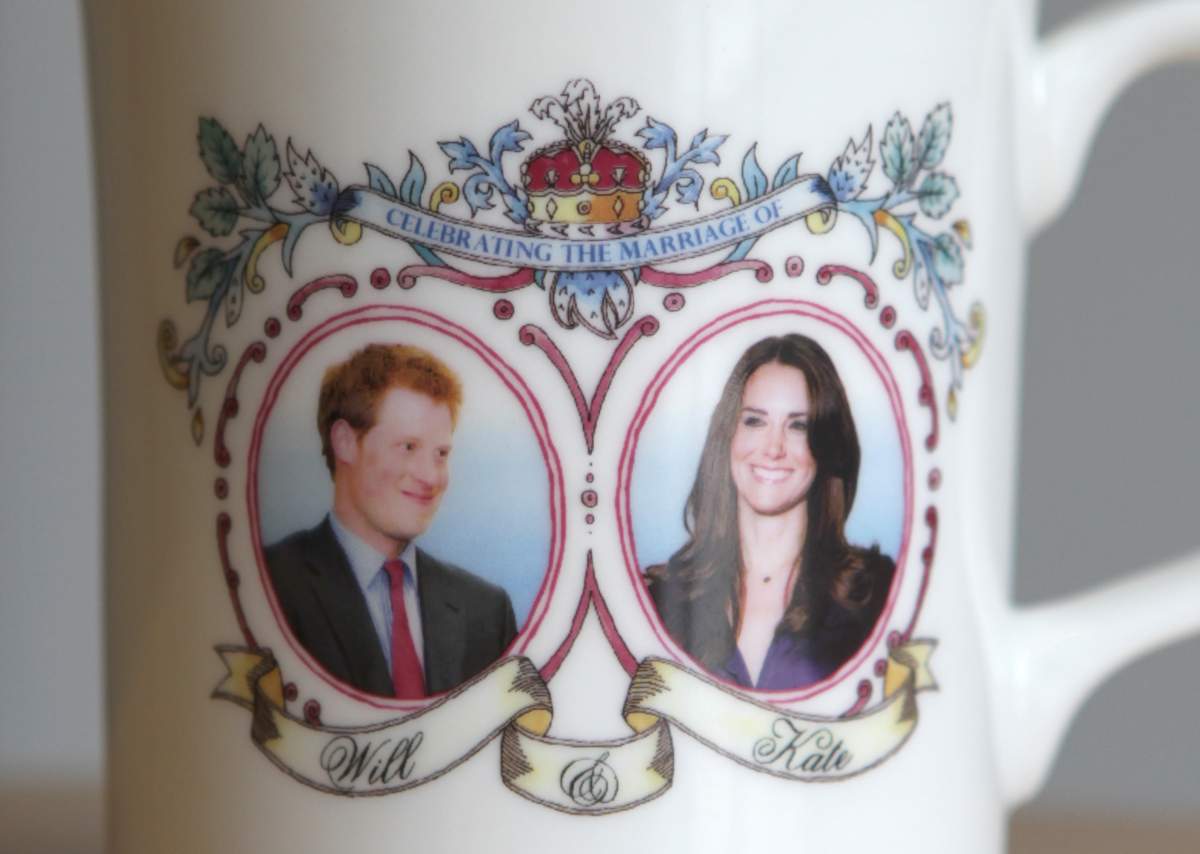 A commemorative mug celebrating the forthcoming marriage of Prince William to Kate Middleton, produced by Guangdong Drinkware, features a photograph of Prince William’s younger brother Prince Harry, April 5, 2011. (Photo by Hugh Pinney/Getty Images)