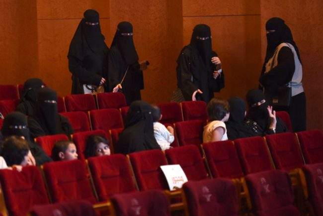 Saudi women arrive to watch Saudi short movies during the "Short Film Competition 2" festival on October 20, 2017, at King Fahad Culture Center in Riyadh.
The rare movie night this week in Riyadh was a precursor to what is expected to be a formal lifting of the kingdom's ban on cinemas, long vilified as vulgar and sinful by religious hardliners.


