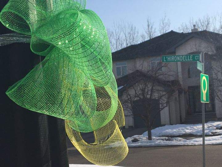 Ribbons have popped up in St. Albert, Alta. Monday, April 9, 2018 after the tragic Humboldt Broncos bus crash on Friday. Four of the players killed in the crash previously played hockey in St. Albert.