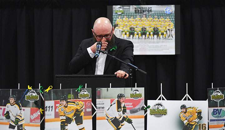 Pastor Sean Brandow speaks during a vigil at the Elgar Petersen Arena, home of the Humboldt Broncos, to honour the victims of a fatal bus accident, April 8, 2018.