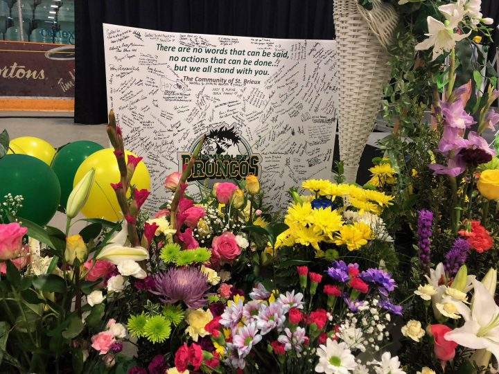 Tribute for the Humboldt Broncos after the vigil on April 8, 2018.