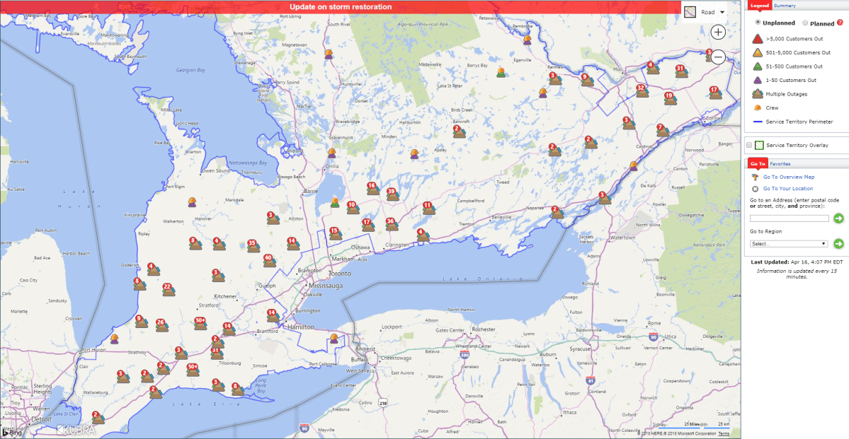 Hydro One map of outages across Southern Ontario.