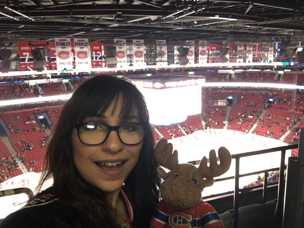 Vanessa Guadiana takes a selfie at the Bell Centre to watch the Montreal Canadiens play in her journey to visit every NHL arena.
