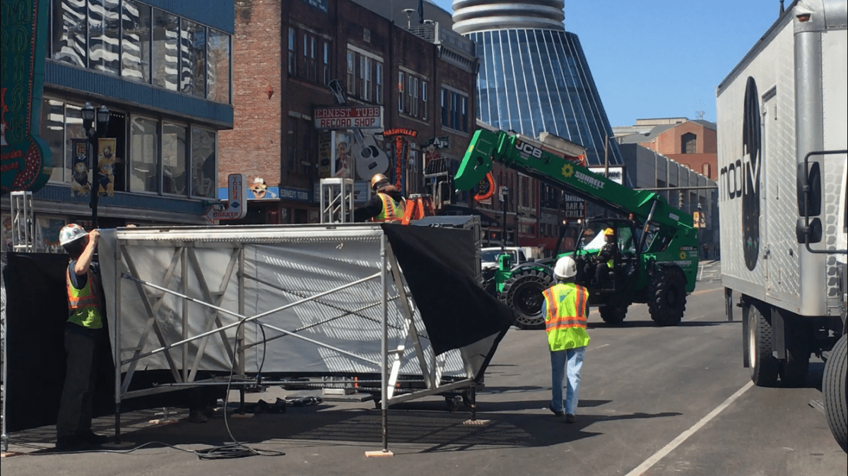 Party preparations for Nashville’s street party are well underway early Sunday morning.